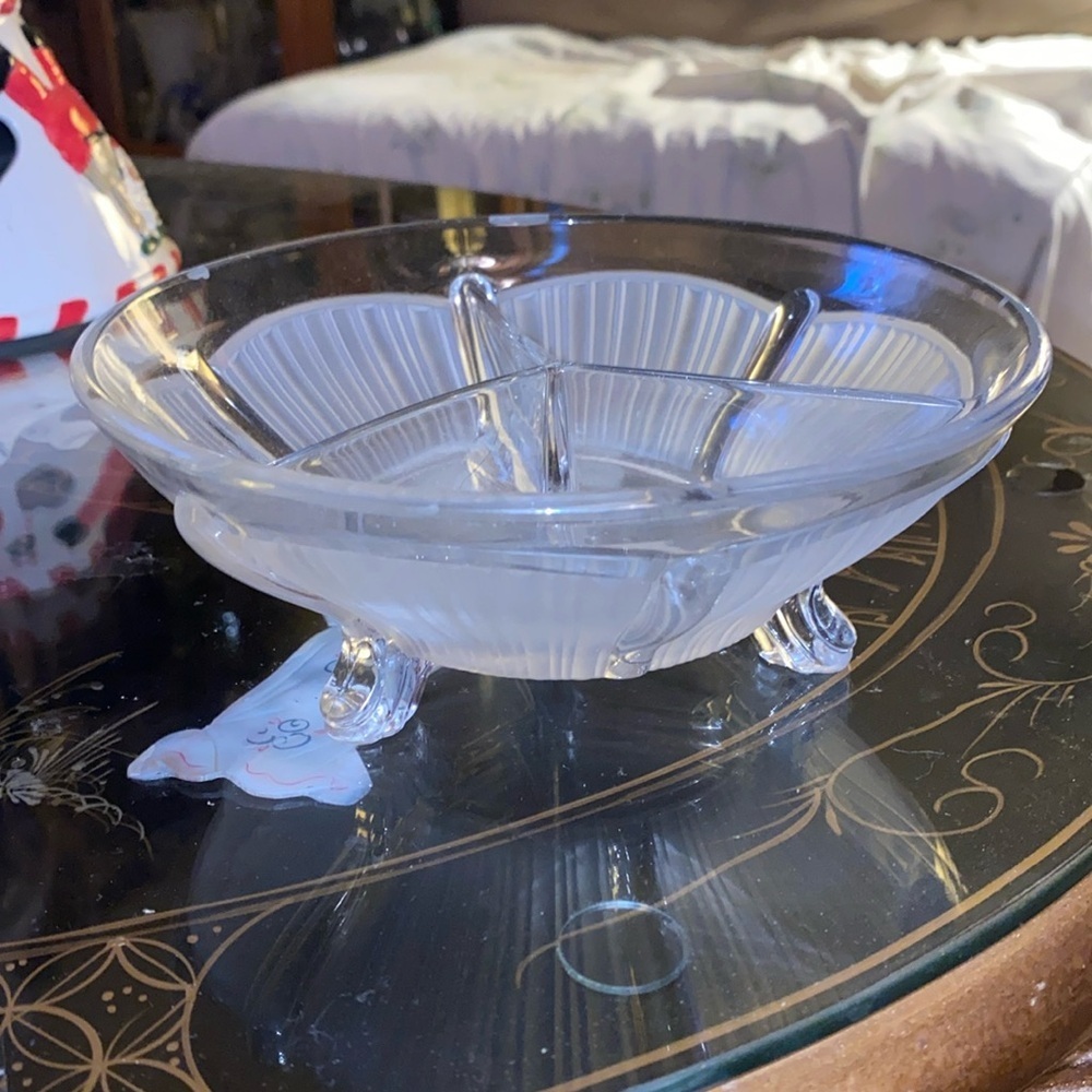 Vintage Clear Glass Bowl 3 Toe Foot 3 Part Divide Section